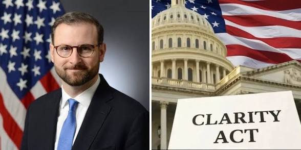 A split image showing a bearded man in glasses and a blue tie on the left, and the U.S. Capitol dome with an American flag and a sign reading 'CLARITY ACT' on the right.