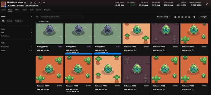 Screenshot of the Official Yakkamon NFT minting page on Magic Eden displaying an "Explore Mints" gallery of "Red Egg" NFTs priced at 550 RON (with select eggs at #974, #976, and #967 listed at higher prices of #576.00), alongside the game's "Eggs" tab statistics showing volume metrics like TOTAL VOLUME 232.38 RON, FLOOR 594, and 24.50 RON 1D change—supporting the post's claim that free-mint eggs are already trading/premium at 550 RON before official trading opens.