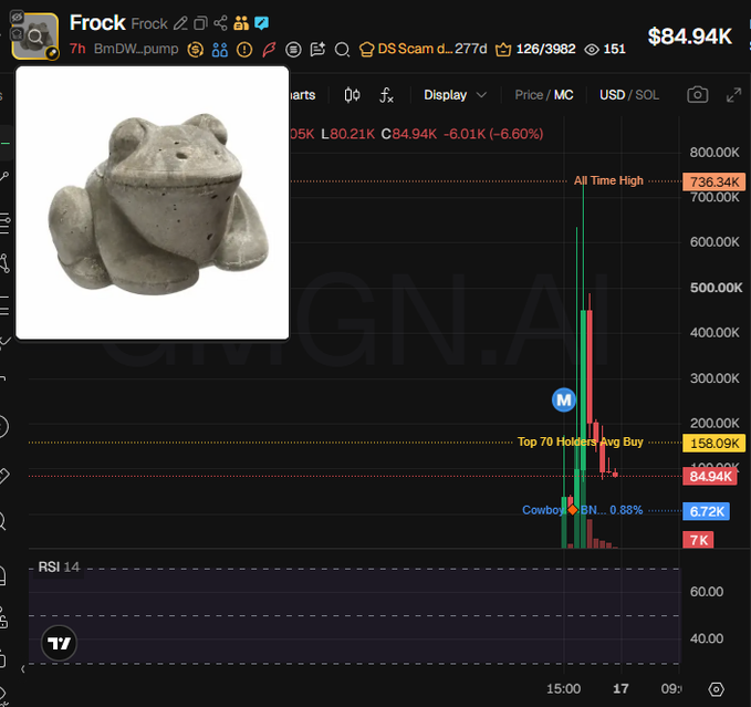 A TradingView chart of the meme coin $Frock (BmDW...pump) shows a meteoric price spike to an all-time high of $736.34K followed by a sharp crash to $84.94K, illustrating the extreme volatility highlighted by the analysis pointing out concentrated holdings across Meteora pools, CEX clusters (Binance 23.5%, Coinbase 6.6%), and top holders like "Cowboy."