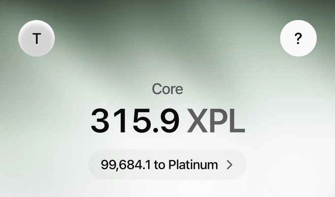 The image shows a card membership screen displaying a Core tier status with 315.9 XPL earned, requiring 99,684.1 more XPL to reach Platinum level. This relates to the post as it illustrates the significant spending gap needed to achieve a 100,000 XPL cashback milestone for Platinum tier.