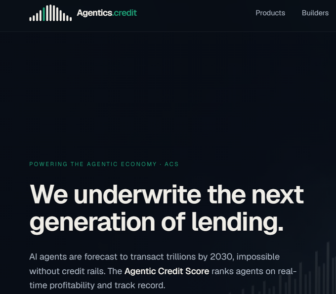 The Agentics.credit homepage featuring the headline 'We underwrite the next generation of lending' under the tagline 'POWERING THE AGENTIC ECONOMY - ACS'.