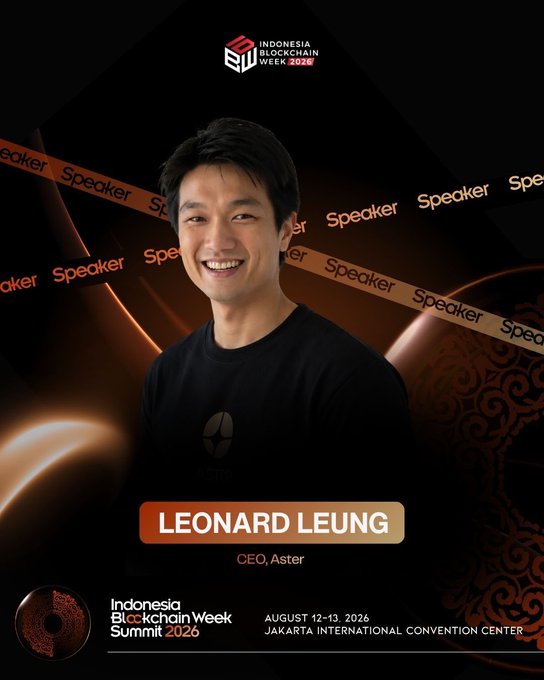 A promotional speaker banner for the Indonesia Blockchain Week Summit 2026, featuring a smiling man named Leonard Leung, CEO of Aster, with the event dated August 12-13, 2026 at the Jakarta International Convention Center.