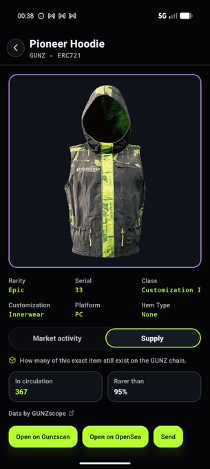 A mobile screen displays a 'Pioneer Hoodie' NFT from GUNZ (ERC721), marked as Epic rarity with 33 serial, showing 367 in circulation.