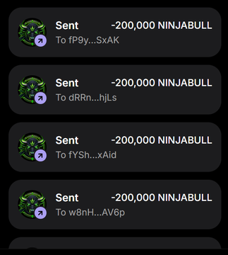 A series of dark transaction notifications displays four consecutive "Sent" transfers of -200,000 NINJABULL each to different recipient addresses (fP9y...SxAK, dRRn...hjLs, fYSh...xAId, w8nH...AV6p), visually supporting the post's claim of distributing 200,000 $NINJABULL tokens to participating wallets in this Solana airdrop.