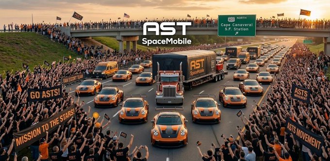 The image depicts a massive crowd-lined highway caravan with a large truck prominently displaying the "AST SpaceMobile" logo, flanked by orange sports cars and enthusiasts holding banners reading "GO ASTS!" and "MISSION TO THE STARS!" as they head toward "Cape Canaveral S.F. Station." The scene visually echoes the poster's excitement about caravanning a shipment for AST SpaceMobile (ticker: $ASTS), capturing the enthusiastic spirit of supporters rallying behind the company's upcoming space-bound mission.