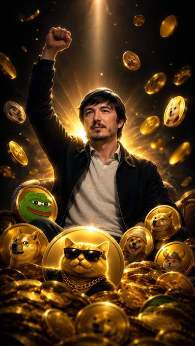 A dramatic, AI-generated image of a triumphant man with a raised fist sitting atop a massive pile of gold memecoin tokens featuring Pepe, Doge, and Shiba Inu dog faces, surrounded by falling golden coins.