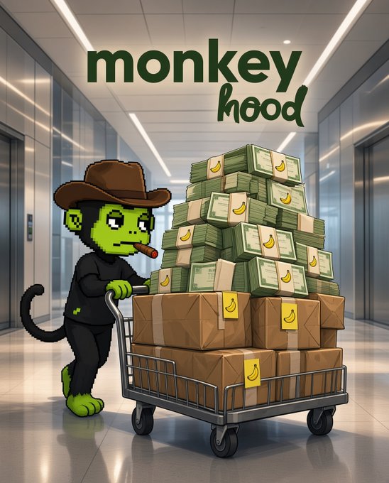A cartoon green monkey wearing a cowboy hat and black outfit, smoking a cigar while pushing a shopping cart loaded with banana-stickered cash and boxes, under the text 'monkey hood.'