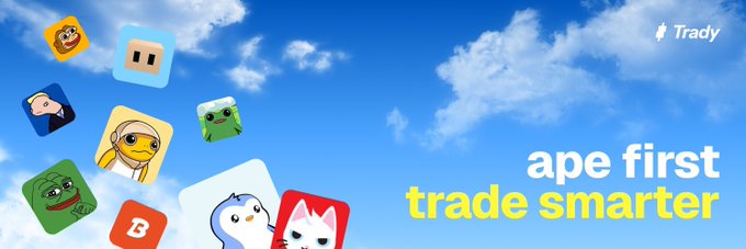 The image is a promotional banner for the Trady platform featuring colorful ape and animal character avatars against a bright blue sky background, with the tagline "ape first trade smarter" displayed prominently alongside the Trady logo. The playful mascot characters visually reinforce the post's emphasis on making trading fun and engaging on the Trady platform.