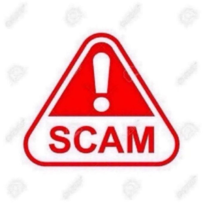 Red and white triangular warning sign with an exclamation mark and the word 'SCAM' below it, featuring a Dreamstime watermark.