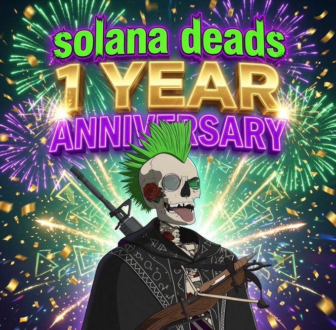 The image features a cartoon character with spiky hair, dressed as a skeleton, standing against a backdrop of fireworks. The text "SOLANA DEADS 1 YEAR ANNIVERSARY" is displayed above the character's head, indicating that this is an anniversary celebration for the Solana Deads. The post also mentions that hard work and grinding are being put out everyday behind the scenes to support the community, which highlights the dedication of the creators and supporters involved in making the event a success.
