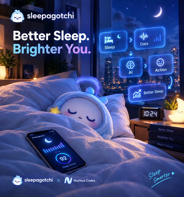 A promotional image for "sleepagotchi" by Nucleus Codes featuring "Better Sleep. Brighter You." with a cute sleeping plush, a phone showing a 92 sleep score, and a flowchart: Sleep → Data → AI → Action → Better Sleep.