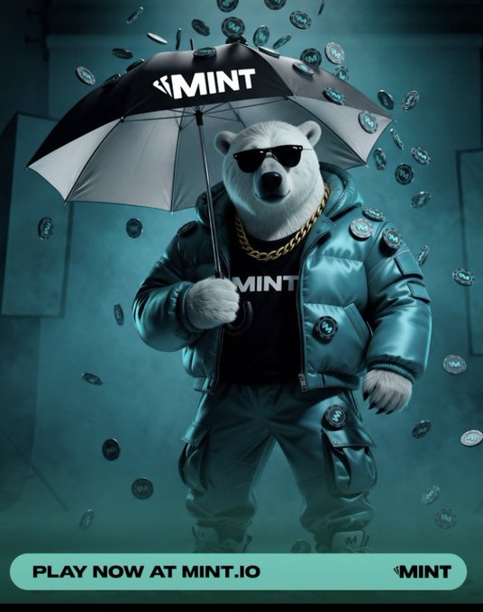 A digital illustration of a polar bear wearing sunglasses, a gold chain, and a puffy jacket, holding a black umbrella with 'MINT' written on it, surrounded by falling coins, with text 'PLAY NOW AT MINT.IO'.