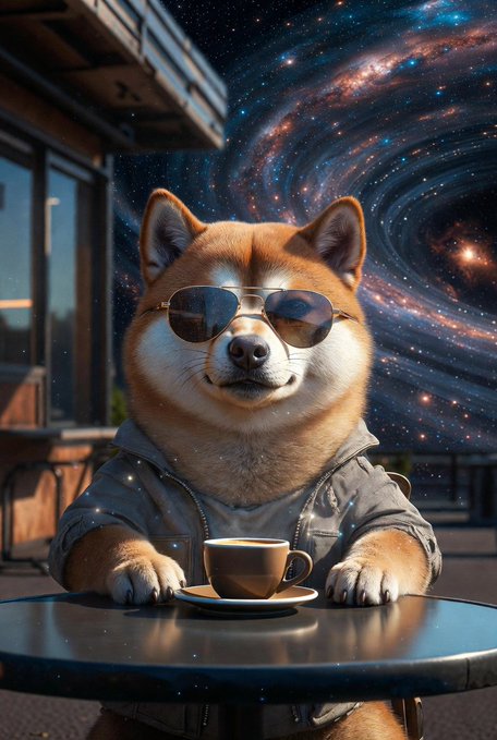 A digital illustration of a Shiba Inu dog wearing sunglasses and a gray jacket, sitting at a cafe table with a coffee cup against a dramatic swirling galaxy background.