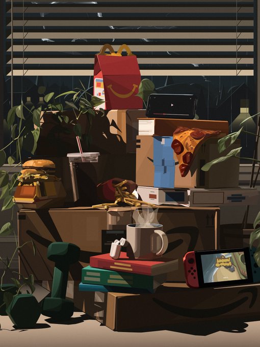 A digital illustration depicting a cluttered pile of McDonald's boxes, Happy Meal bags, a burger, fries, a coffee cup, a Nintendo Switch, and dumbbells surrounded by plants.