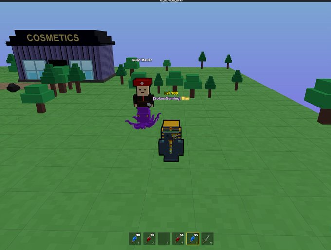 A 3D voxel/blocky video game screenshot showing two characters in a grassy field with trees and a 'COSMETICS' building, with one character labeled 'Lvl 100 [SolanaGaming] Blue' and another NPC named 'Guild Master'.