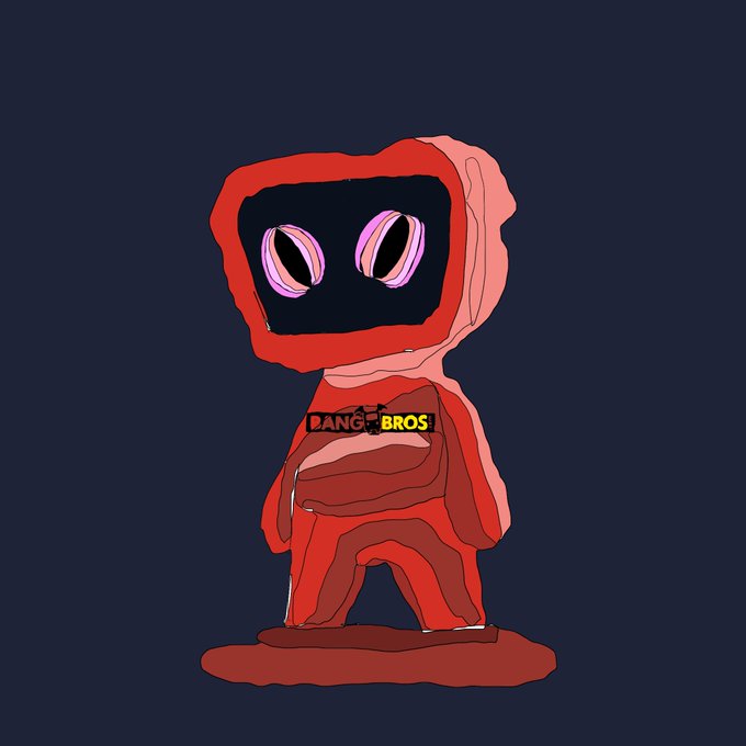 A red, cartoonish character with large pink eyes and a black screen-like face wearing a "BANG BROS" t-shirt stands against a dark navy background.