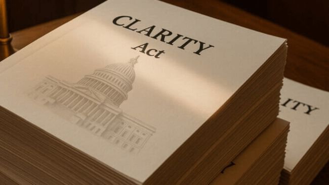 A stack of documents labeled "CLARITY Act" with an illustration of the U.S. Capitol building on the cover, resting on a wooden surface.