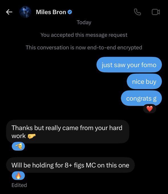 A screenshot of an end-to-end encrypted Signal chat between users featuring messages congratulating "Miles Bron" on a "nice buy," with Miles Bron responding that his gains came from followers' hard work and planning to hold for "8+ figs MC" (8 figures market cap), tied to a post accusing Miles Bron of dumping his $BNBCAT holdings for $150,000.