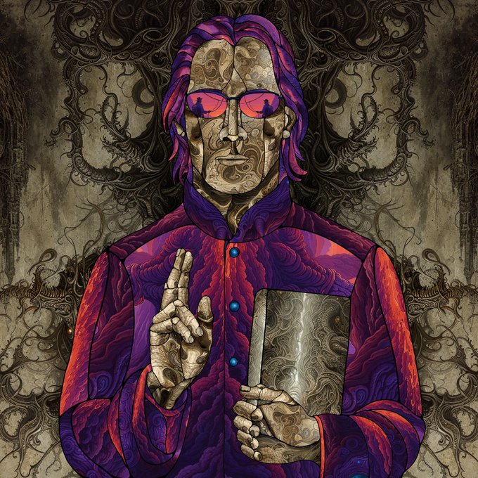 A stylized digital illustration of a figure with purple hair, red sunglasses, and a textured beige face, wearing a purple and red garment and making a peace sign with one hand while holding a patterned object in the other, set against an ornate brown background.