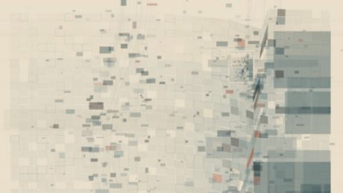 An abstract digital pattern composed of pale rectangles and squares with scattered pops of red, blue, and grey forming a mosaic-like design.