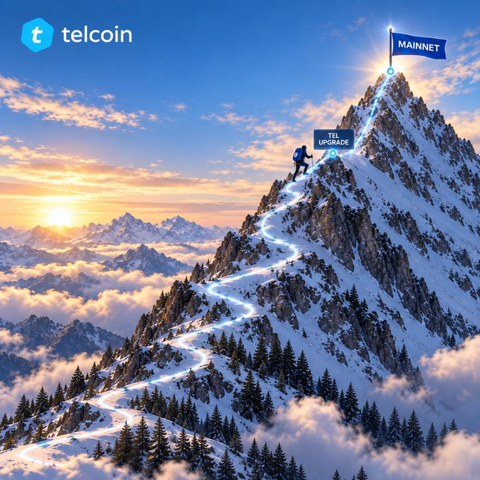 A promotional image for 'telcoin' showing a mountain climber ascending a snowy peak with a glowing trail, with a flag at the top reading 'MAINNET' and a sign marking 'TEL UPGRADE'.