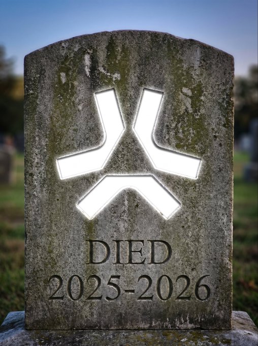 A gravestone with an X (formerly Twitter) logo illuminated on it, inscribed with 'DIED 2025-2026'.