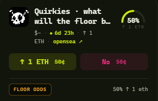 A Quirkies prediction market widget on OpenSea asking 'what will the floor be...' with 6d 23h remaining, showing 50% odds for 1 ETH versus 50% for No, betting on 1 ETH.