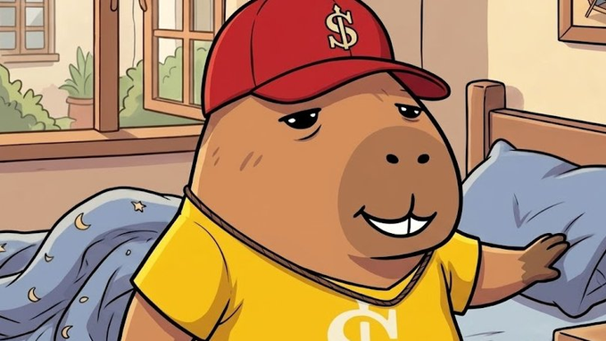 A cartoon illustration of a capybara wearing a yellow t-shirt and a red baseball cap with a white "$" logo, sitting in a bedroom setting.