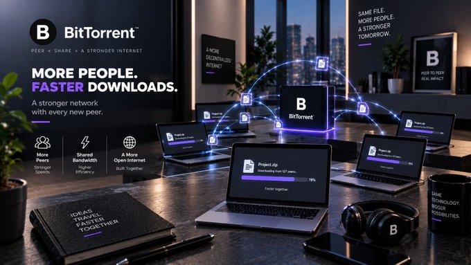 A BitTorrent advertisement displaying the text 'MORE PEOPLE. FASTER DOWNLOADS.' alongside an image of multiple laptops and devices connected to the BitTorrent network.