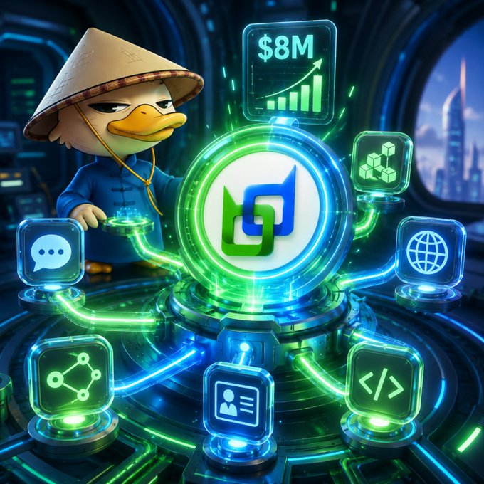 A 3D-rendered duck character wearing a conical Asian hat and blue traditional clothing stands next to a glowing green tech hub displaying a logo, with surrounding icons for chat, blockchain, web, networking, profile, and coding, plus an '$8M' growth chart.