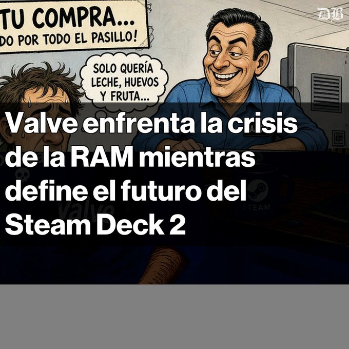 A satirical cartoon with the headline 'Valve enfrenta la crisis de la RAM mientras define el futuro del Steam Deck 2,' showing a salesman and a customer who only wanted milk, eggs and fruit.