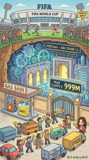 A cartoon infographic about the FIFA World Cup and ADIChain Abu Dhabi L2 regulatory framework, featuring elements like a "GAS $ADI" station, Mastercard, BlackRock, Binance tokenized, and a "MAX SUPPLY: 999M" sign.