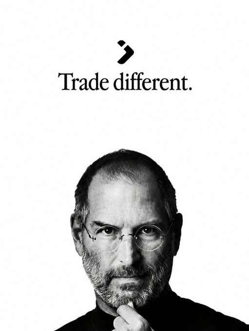 A black and white portrait of Steve Jobs with the text "Trade different." and a logo above his head, parodying Apple's famous marketing style.