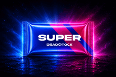 A neon-styled product graphic displays a 'SUPER DEADSTOCK' energy bar wrapper in blue and pink, set against a dark, reflective background.