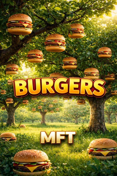 A whimsical AI-generated scene of hamburgers hanging like fruit from trees in an orchard, with the bold text 'BURGERS MFT' displayed prominently.