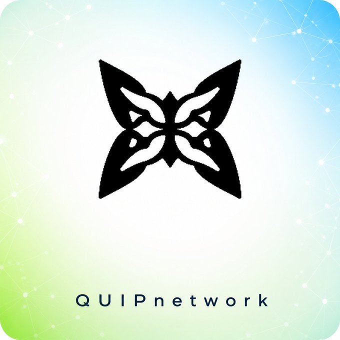 A logo for QUIPnetwork featuring a black stylized butterfly design on a gradient green and blue background with network connection lines.
