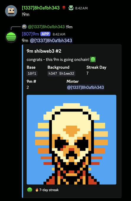 A Discord chat screenshot showing a bot message congratulating user "@1337j8h0a1bh343" on their "9m #2" achievement, featuring pixel art of a character with a skull-like face on a blue background, noting a 7-day streak.