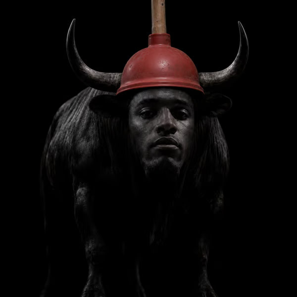 A dark, stylized bull with a red plunger-like helmet perched on its horns stares intently against a black background, matching the post's theme of "The Red Plunger" mascot for the $PLANSEM token. The image cleverly visualizes the meme's self-aware humor about being a "questionable plan" with no roadmap—just a bull and a plunger.