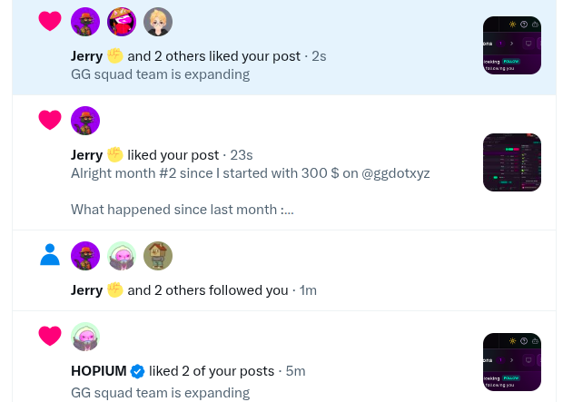 A social media notification feed showing likes from Jerry and HOPIUM, and new followers, with mentions of 'GG squad team is expanding' and an account '@ggdotxyz'.