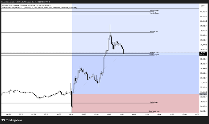 A TradingView chart of BTCUSDTPERP on Binance showing price action with labeled levels including "Monday High," "Monday PMid," "Monday Low," "Daily Open," and "Prev Week Low."