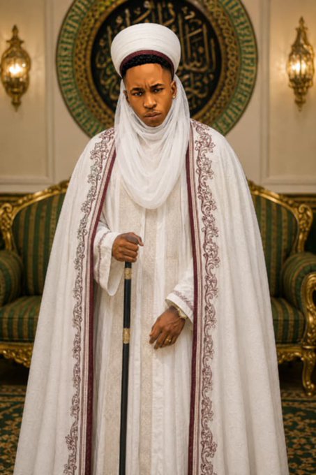 A man dressed in traditional white Islamic robes and turban stands holding a staff in an ornately decorated room featuring Arabic calligraphy and golden accents. The image's regal, contemplative figure pairs with the post's philosophical question about choosing truth despite personal consequences, evoking a sense of solemn reflection and moral authority.