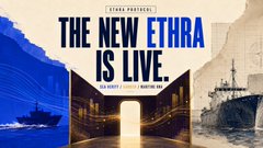 A promotional graphic reads "THE NEW ETHRA IS LIVE" against a blue and orange background featuring a stylized cityscape and arches.