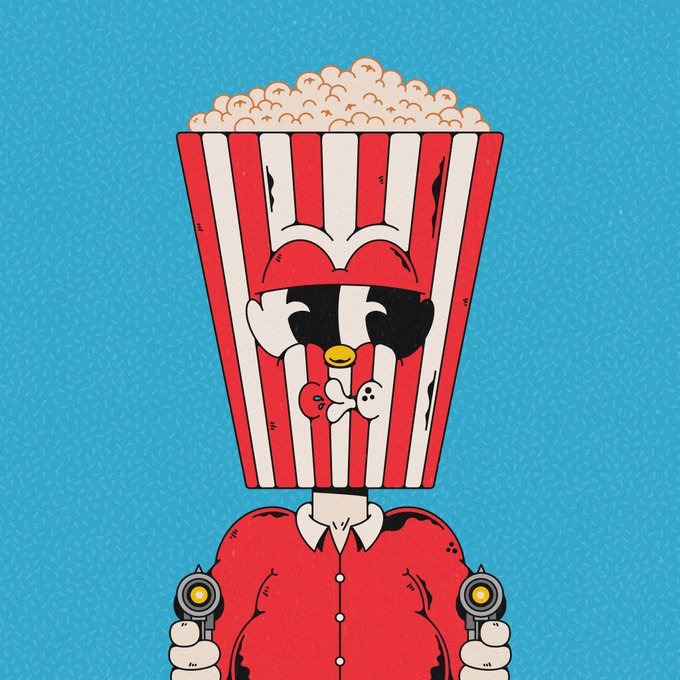 A cartoon illustration of a character with a red and white striped popcorn bucket for a head, wearing a red shirt and holding small pistols against a blue patterned background.