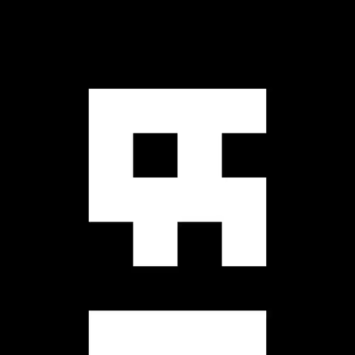 A pixel art image featuring a white skull-like character on a black background.