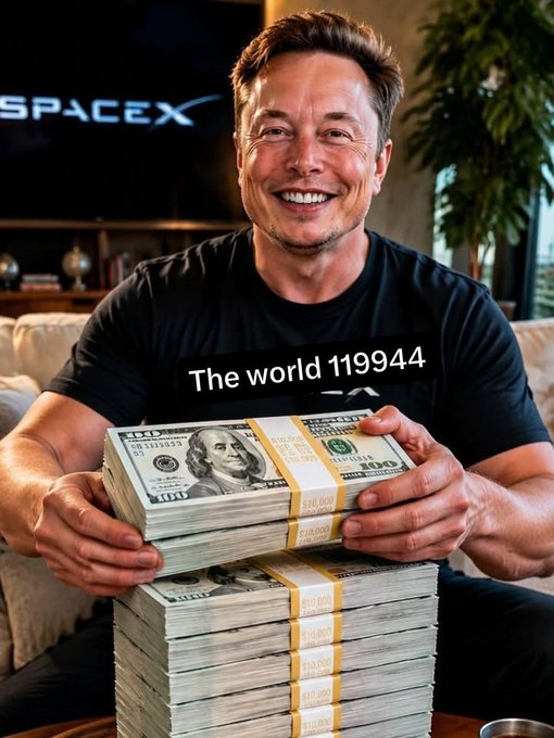Elon Musk smiling while holding a large stack of banded hundred-dollar bills, with a "SpaceX" logo visible in the background and a text overlay reading "The world 119944".