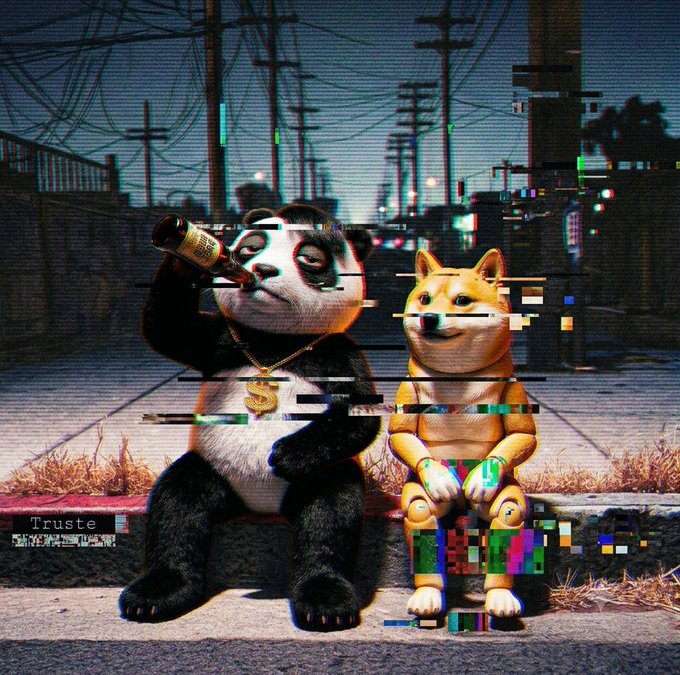 A digital artwork featuring a panda wearing a dollar sign necklace drinking from a bottle and a Shiba Inu dog sitting beside it, both displayed with a VHS glitch effect in an urban setting.