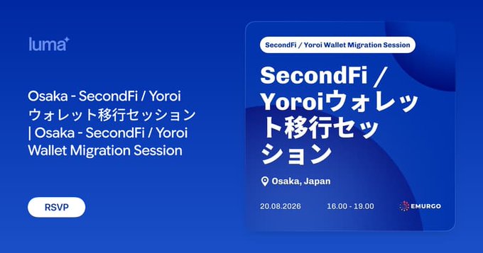 A promotional graphic for the "Osaka - SecondFi / Yoroi Wallet Migration Session," hosted on August 20, 2026, from 16:00-19:00 in Osaka, Japan by EMURGO and Luma. The event aligns with the accompanying post about EMURGO launching in-person support to help SecondFi/Yoroi wallet users in Japan with the gradual return of their affected assets.