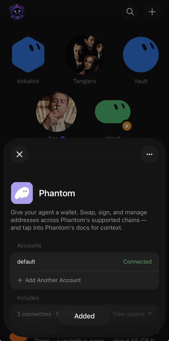 Mobile interface showing the Phantom wallet integration page with 'default' account marked as 'Connected' and an 'Added' notification at the bottom, visible alongside circular profile icons like tinkabot, Tanglers, and Vault.