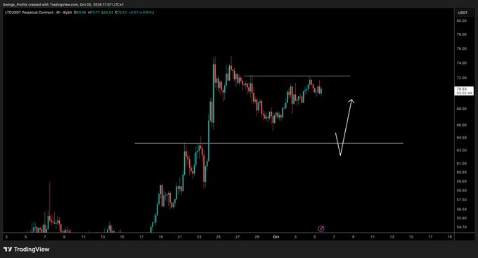 A TradingView 4-hour candlestick chart of LTC/USDT on Binance shows price currently around $69.03, with a hand-drawn arrow illustrating a potential dip to roughly $63-64 support before a bounce, matching the post's suggestion that such a pullback would be an ideal entry point.