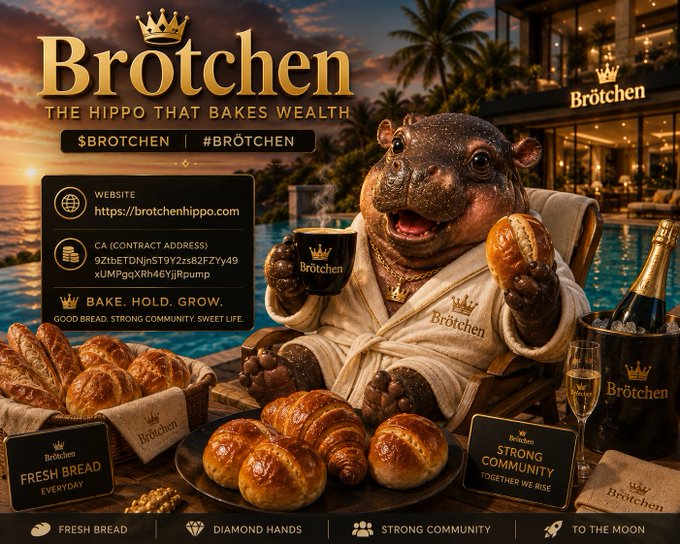 A promotional graphic for 'Brötchen - THE HIPPO THAT BAKES WEALTH', featuring a hippo in a bathrobe holding branded items, surrounded by pastries and luxury settings, with a contract address listed.